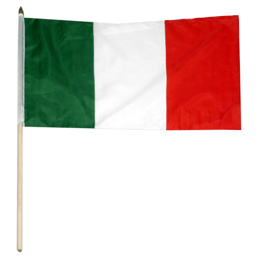 Italian flag on a wooden stick, featuring vertical green, white, and red stripes, isolated on a white background.