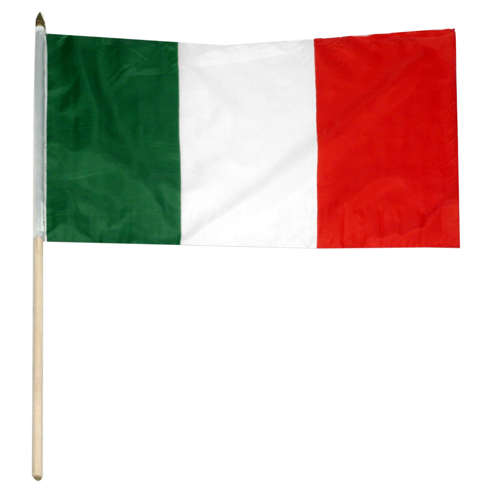 Italian flag on a wooden stick, featuring vertical green, white, and red stripes, isolated on a white background.