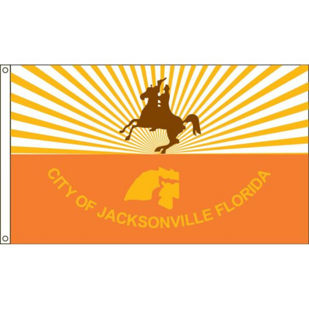 Flag of the City of Jacksonville, Florida with a sunburst design and horse rider silhouette.