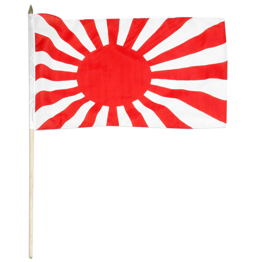 Red and white flag with a sun design on a white background
