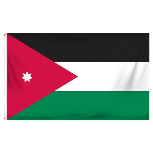 Flag of Jordan with black, white, and green horizontal bars and a red triangle with a white seven-point star.