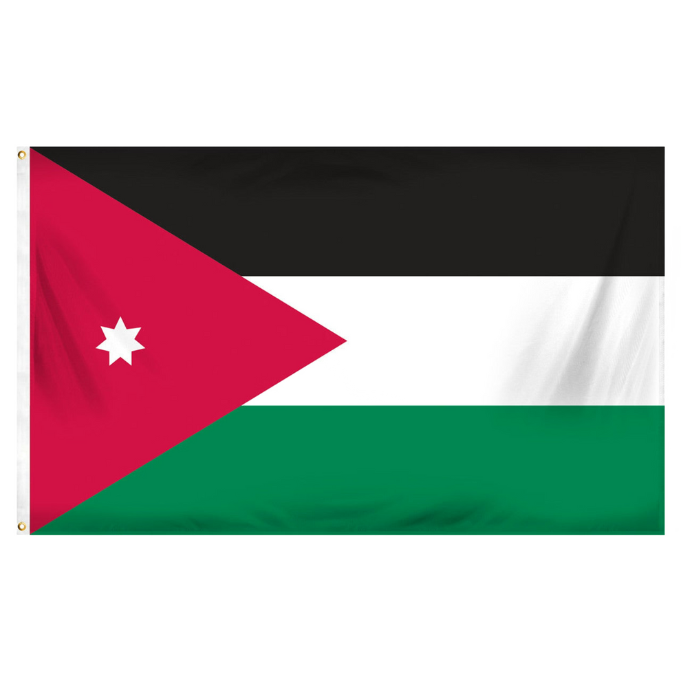 Flag of Jordan with black, white, and green horizontal bars and a red triangle with a white seven-point star.