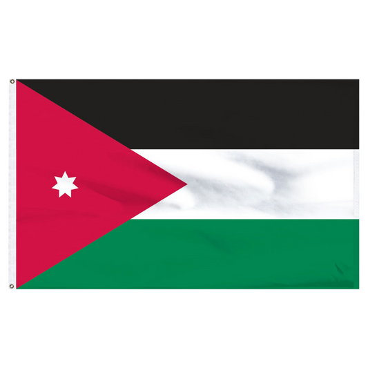 Flag of Jordan with black, white, and green horizontal bars and a red triangle with a white seven-point star.