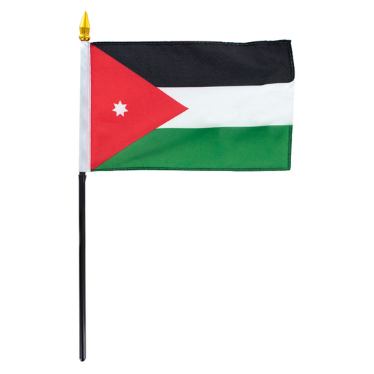 Flag of Jordan with black, white, and green horizontal bars and a red triangle with a white seven-point star.