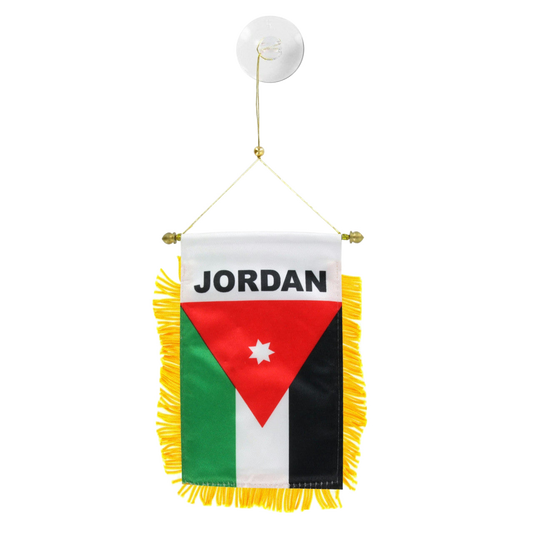 Miniature flag of Jordan with fringes on a white background