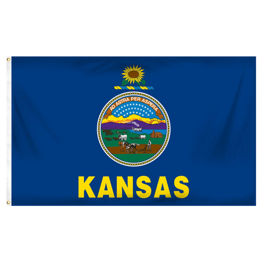 State of Kansas blue flag with Kansas state seal in the center, depicting a landscape with a rising sun, a steamship, a settler plowing a field, a covered wagon train, and Native Americans hunting buffalo. Above the scenery is the Latin motto 'AD ASTRA PER ASPERA'. Above the seal sits a gold and blue sunflower twist, and the word 'KANSAS' is printed in large, gold all-caps letters directly below the seal.