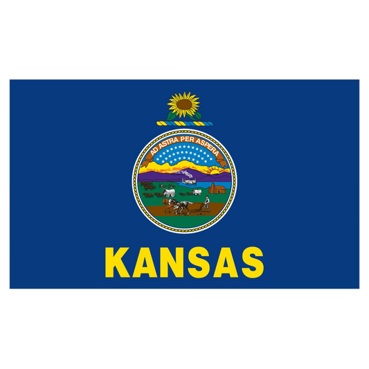State of Kansas blue flag with Kansas state seal in the center, depicting a landscape with a rising sun, a steamship, a settler plowing a field, a covered wagon train, and Native Americans hunting buffalo. Above the scenery is the Latin motto 'AD ASTRA PER ASPERA'. Above the seal sits a gold and blue sunflower twist, and the word 'KANSAS' is printed in large, gold all-caps letters directly below the seal.