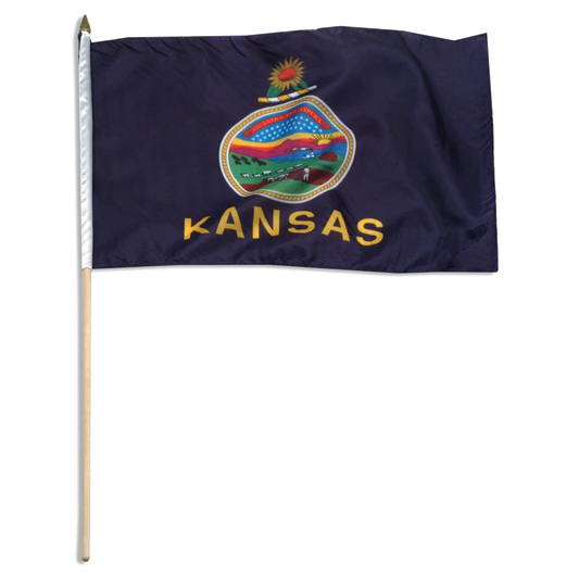 State of Kansas blue stick flag with Kansas state seal in the center, depicting a landscape with a rising sun, a steamship, a settler plowing a field, a covered wagon train, and Native Americans hunting buffalo. Above the scenery is the Latin motto 'AD ASTRA PER ASPERA'. Above the seal sits a gold and blue sunflower twist, and the word 'KANSAS' is printed in large, gold all-caps letters directly below the seal.  