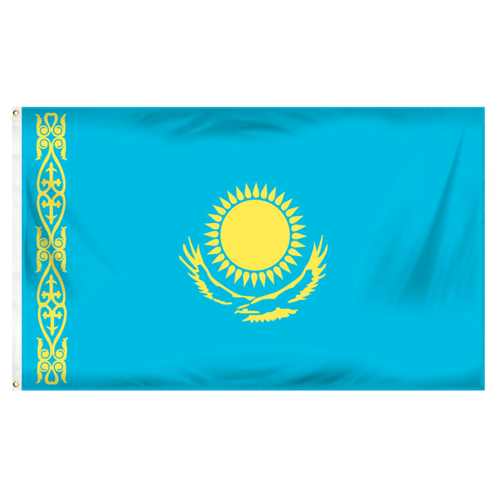 Flag of Kazakhstan with a blue background and yellow sun shaped emblem