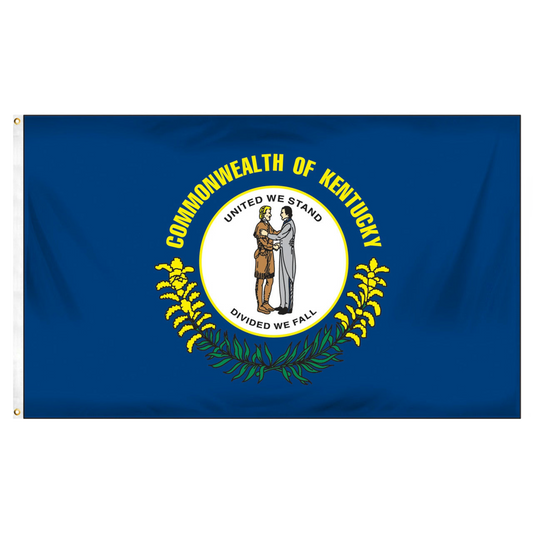 State of Kentucky flag with the Commonwealth of Kentucky state seal in the center. The seal depicts a pioneer and a statesman embracing, surrounded by the words 'COMMONWEALTH OF KENTUCKY' in a semi-circle above them and the state motto 'UNITED WE STAND, DIVIDED WE FALL' below them. The seal is framed by a lower wreath of goldenrod flowers.