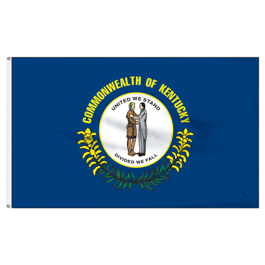 State of Kentucky flag with the Commonwealth of Kentucky state seal in the center. The seal depicts a pioneer and a statesman embracing, surrounded by the words 'COMMONWEALTH OF KENTUCKY' in a semi-circle above them and the state motto 'UNITED WE STAND, DIVIDED WE FALL' below them. The seal is framed by a lower wreath of goldenrod flowers.