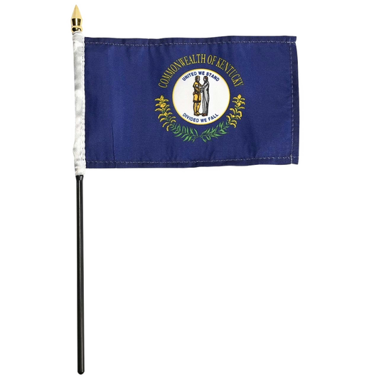 Small Kentucky flag with a blue background and yellow emblem featuring two figures and text, on a white background.