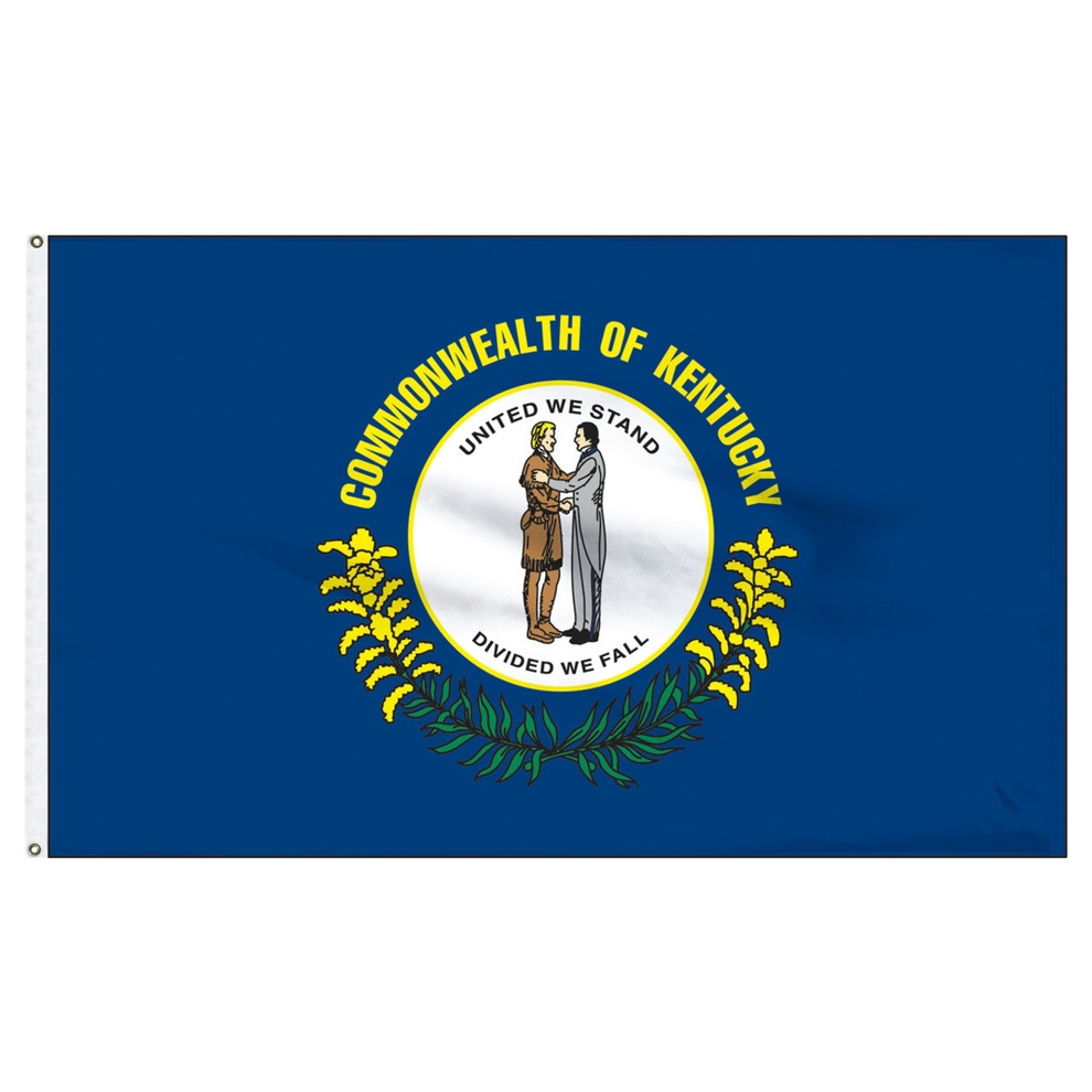 State of Kentucky flag with the Commonwealth of Kentucky state seal in the center. The seal depicts a pioneer and a statesman embracing, surrounded by the words 'COMMONWEALTH OF KENTUCKY' in a semi-circle above them and the state motto 'UNITED WE STAND, DIVIDED WE FALL' below them. The seal is framed by a lower wreath of goldenrod flowers.