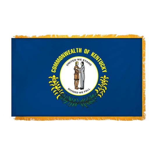State of Kentucky flag with the Commonwealth of Kentucky state seal in the center. The seal depicts a pioneer and a statesman embracing, surrounded by the words 'COMMONWEALTH OF KENTUCKY' in a semi-circle above them and the state motto 'UNITED WE STAND, DIVIDED WE FALL' below them. The seal is framed by a lower wreath of goldenrod flowers.  Flag features yellow fringe.