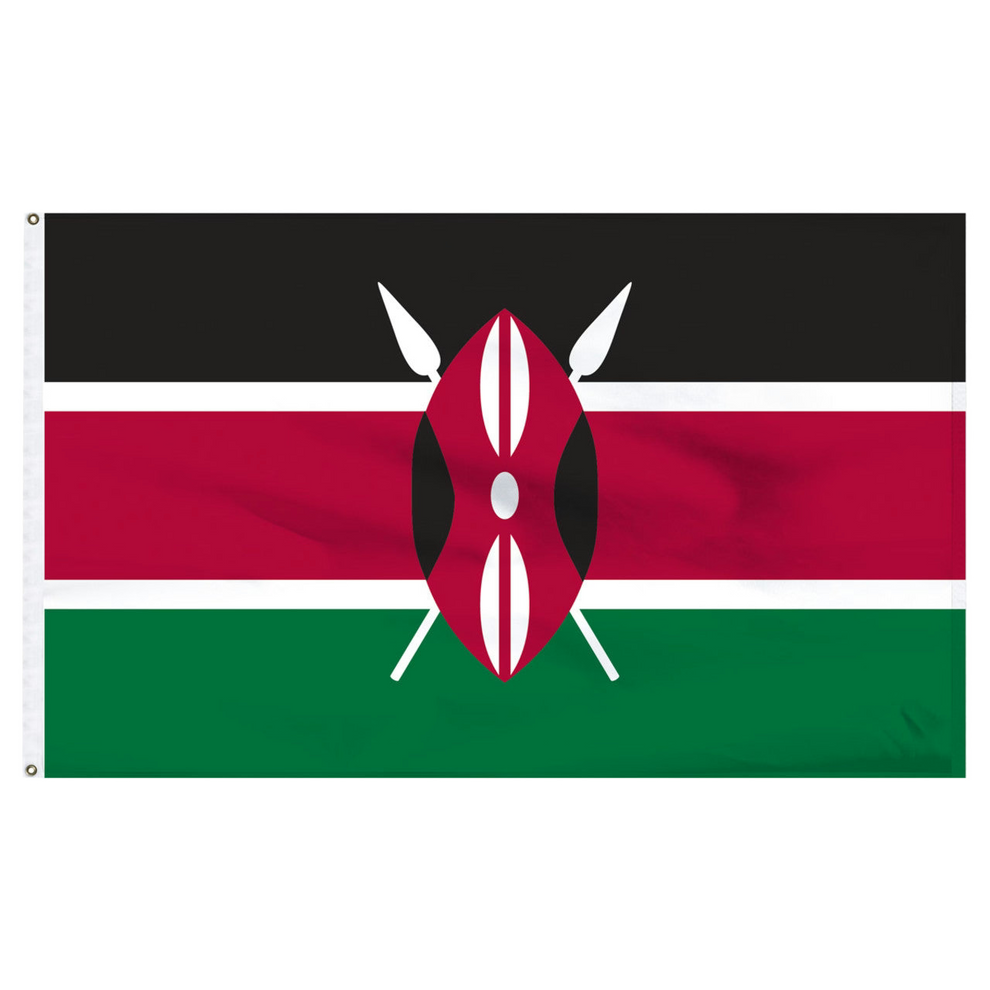 Flag of Kenya with black, red, and green horizontal stripes and a central emblem with white spears.