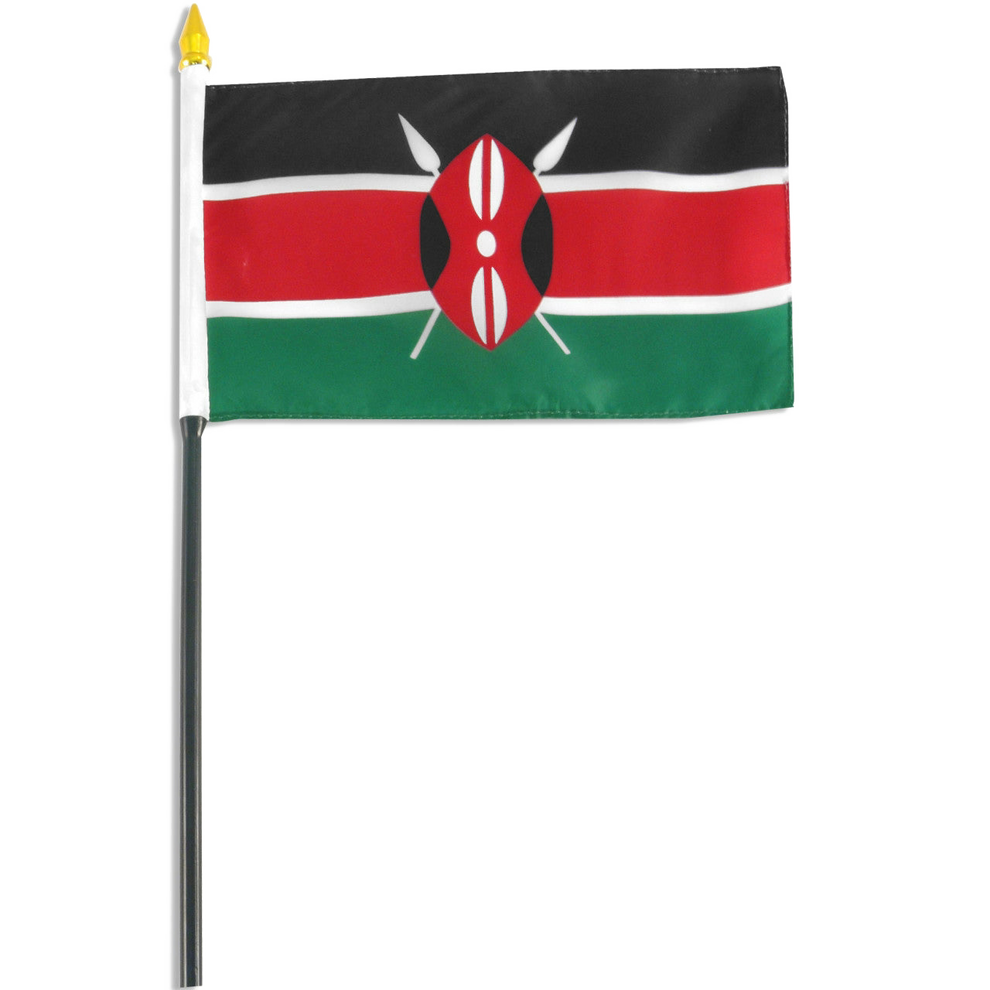 Flag of Kenya with black, red, and green thick horizontal stripes and two white thinner stripes. Flag features a central emblem with white spears.