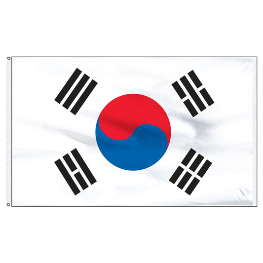 Flag of South Korea with a red and blue circle and black symbols on a white background