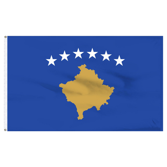 Flag of Kosovo with a blue background and gold map, featuring six white stars.