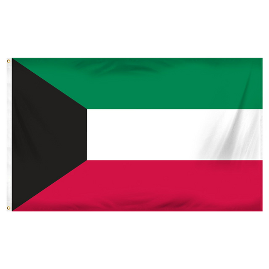 Kuwaiti flag with green, black, white, and red horizontal stripes on a white background