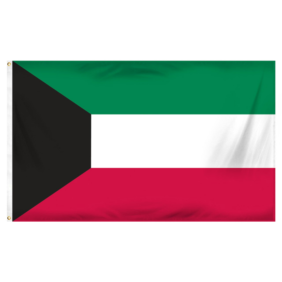 Kuwaiti flag with green, black, white, and red horizontal stripes on a white background