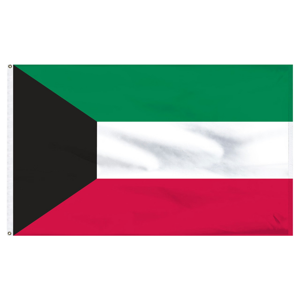 Kuwaiti flag with green, black, white, and red horizontal stripes on a white background