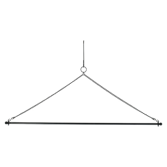 Black metal hanging rod with chain on a white background