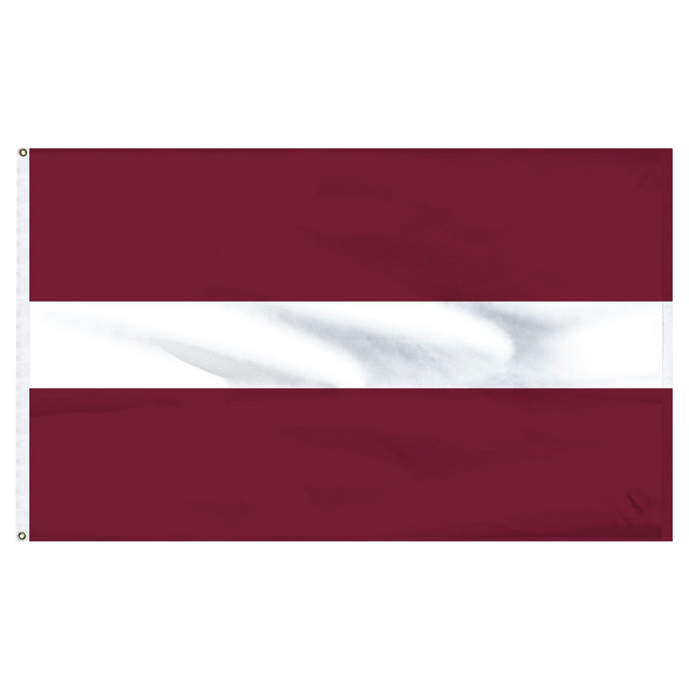 Latavian flag with two horizontal maroon stripes and one white stripe in the center on a white background