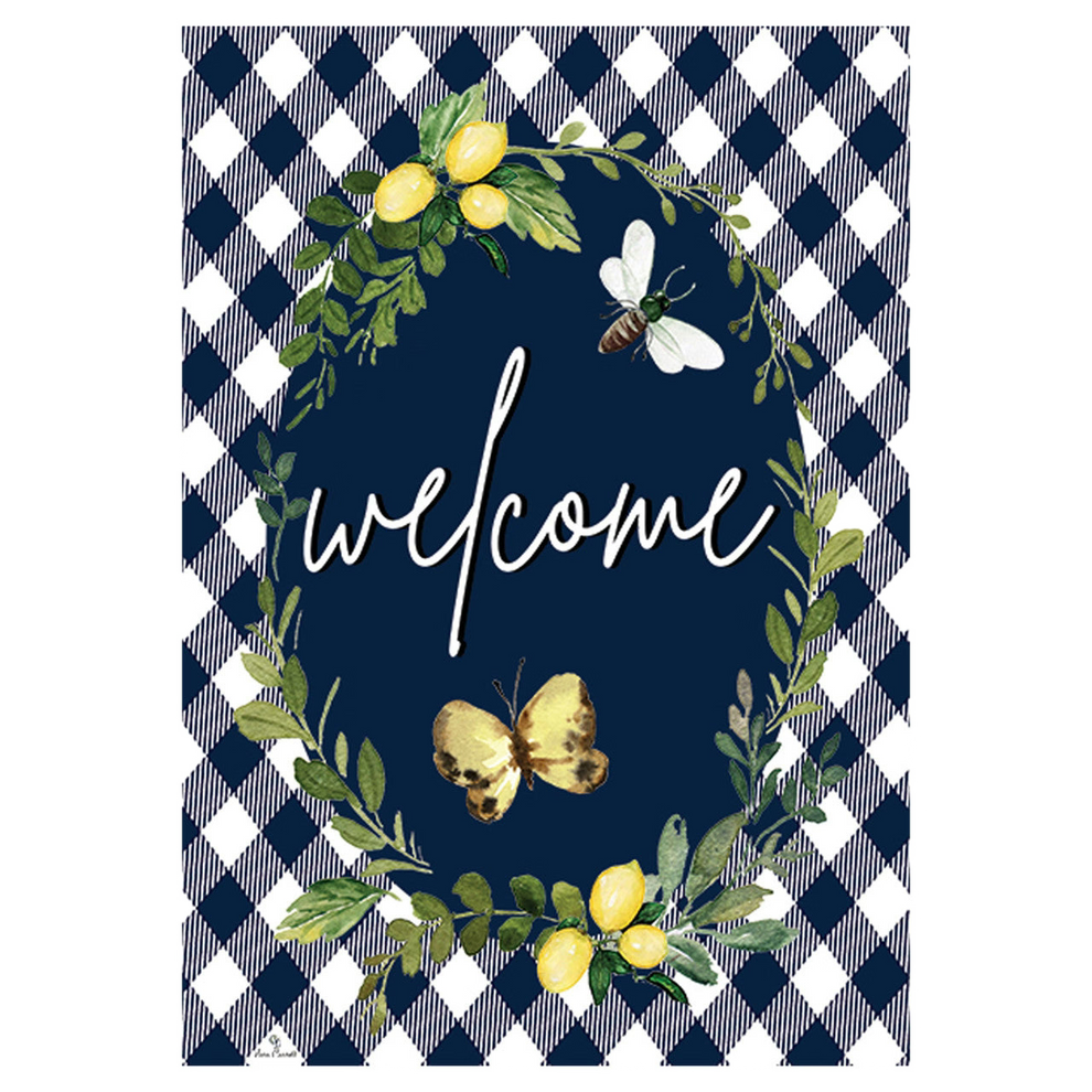 Decorative flag with 'welcome' text, lemons, and butterflies on a navy and white checkered background.