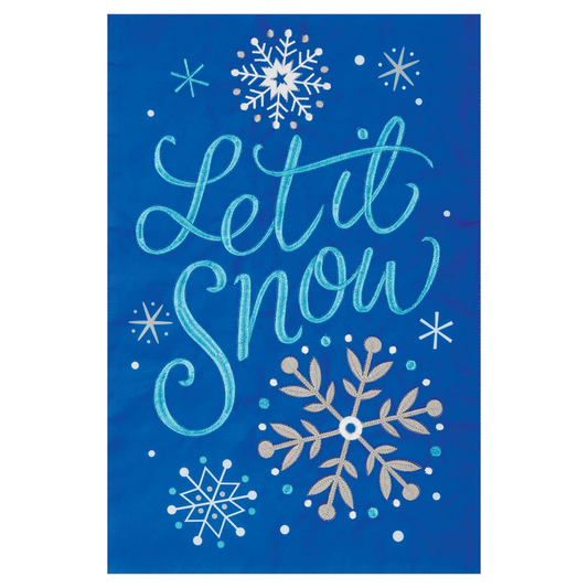 Blue flag with 'Let it Snow' text and snowflake designs on a white background