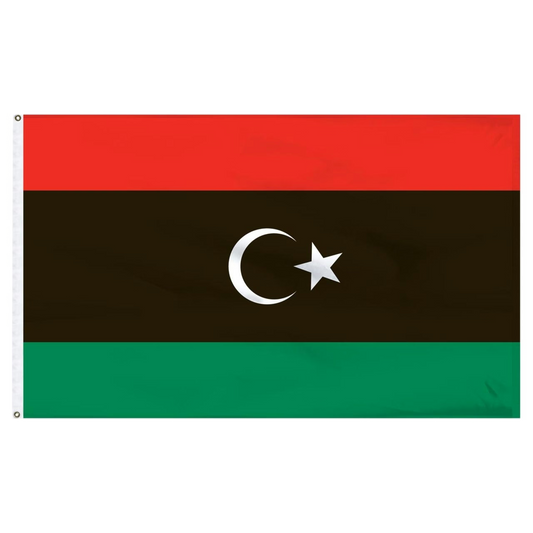 Flag of Libya with red, black, and green horizontal stripes featuring a white star and crescent moon.