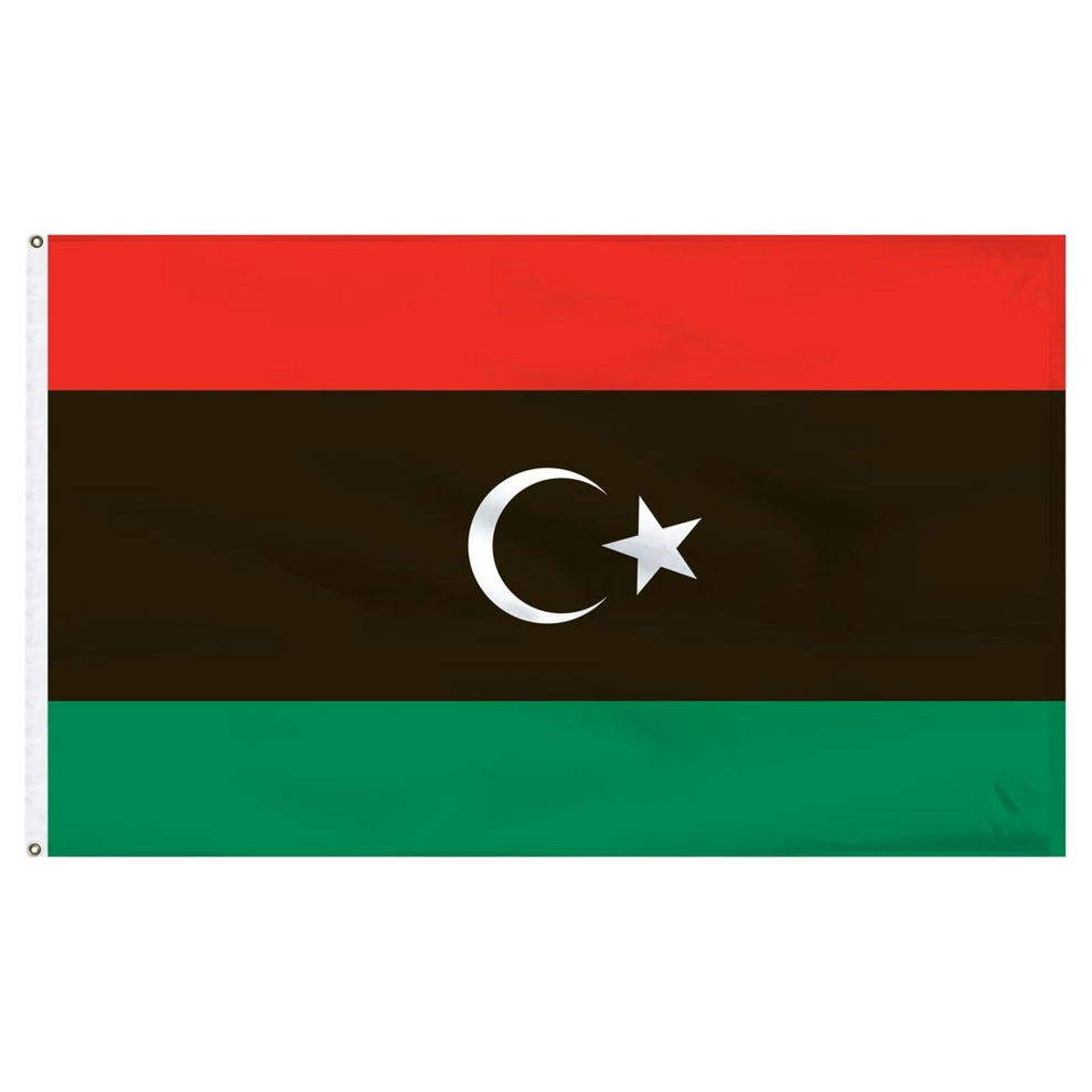 Flag of Libya with red, black, and green horizontal stripes featuring a white star and crescent moon.