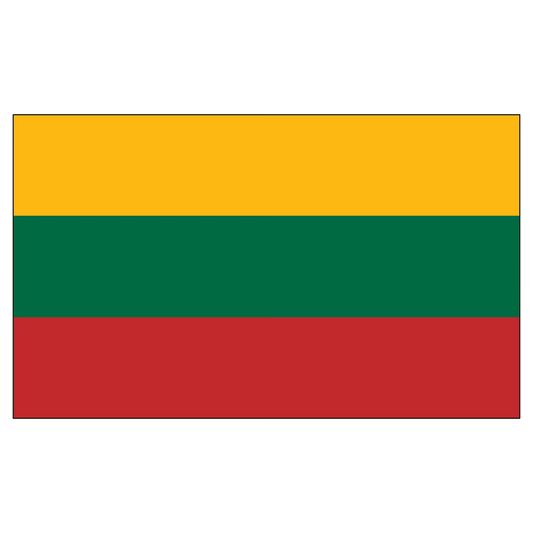 Lithuanian flag with yellow, green, and red horizontal stripes on a white background