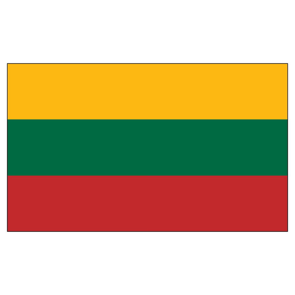 Lithuanian flag with yellow, green, and red horizontal stripes on a white background