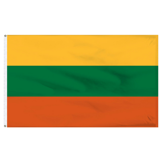Lithuanian flag with yellow, green, and orange horizontal stripes on a white background