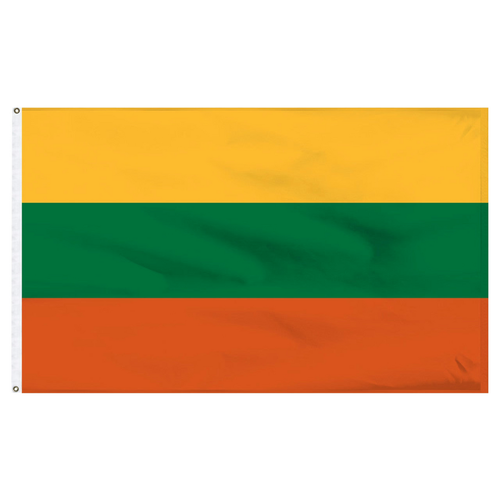 Lithuanian flag with yellow, green, and orange horizontal stripes on a white background