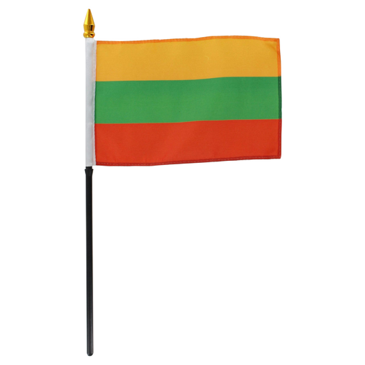 Lithuanian flag with three horizontal stripes of yellow, green, and red on a white background