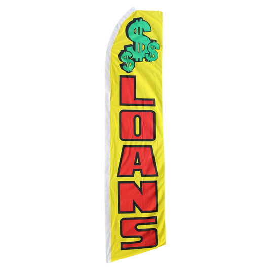 Yellow feather flag with 'LOANS' text and dollar sign on a white background