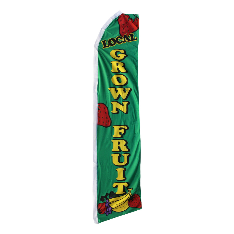 Green banner with 'Local Grown Fruit' text and fruit illustrations on a white background