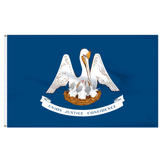 Louisiana state flag with a design of three pelicans in a nest being watched by a mother pelican and the text 'Union Justice Confidence' on a blue background.