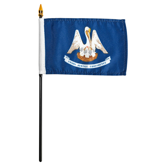 State flag of Louisiana with an eagle emblem on a blue background and features the text 'UNION JUSTICE CONFIDENCE'