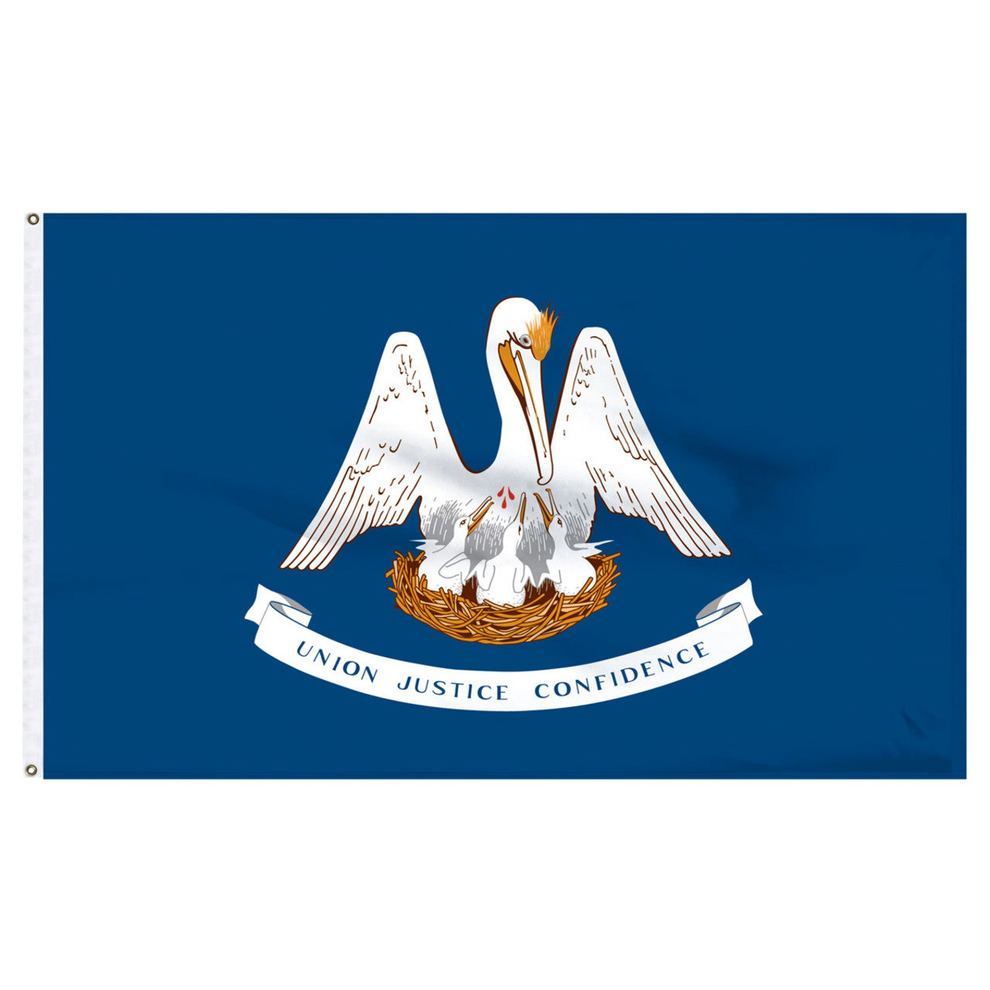 Louisiana state flag with a design of pelicans and a nest and the text 'Union Justice Confidence' on a blue background.