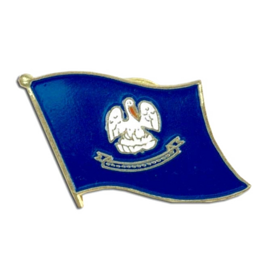 Blue Louisiana flag pin with a white bird emblem on a white background
