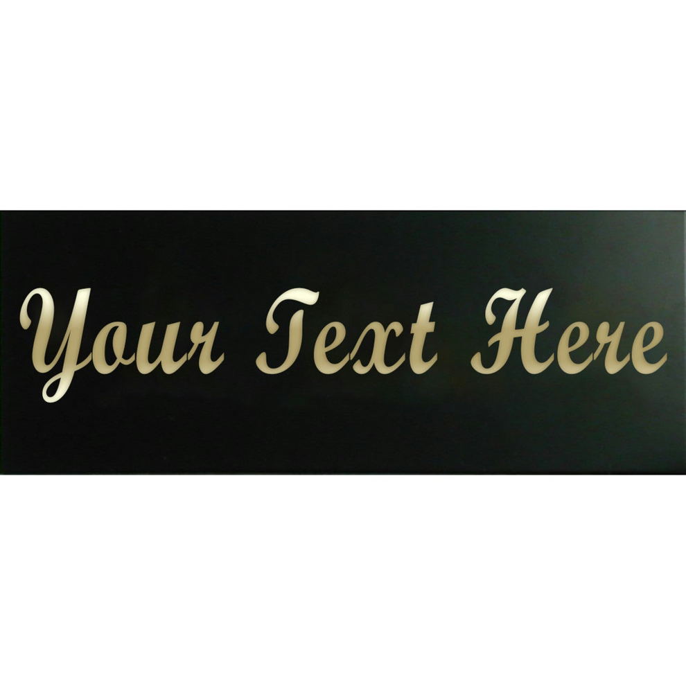 Engraved black metal plate with gold placeholder text in cursive style writing