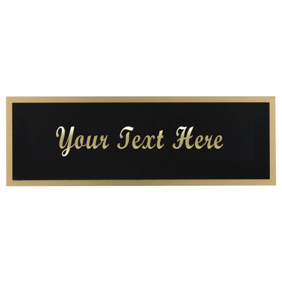Personalized black nameplate with a gold border and with gold placeholder cursive text "Your Text Here" 
