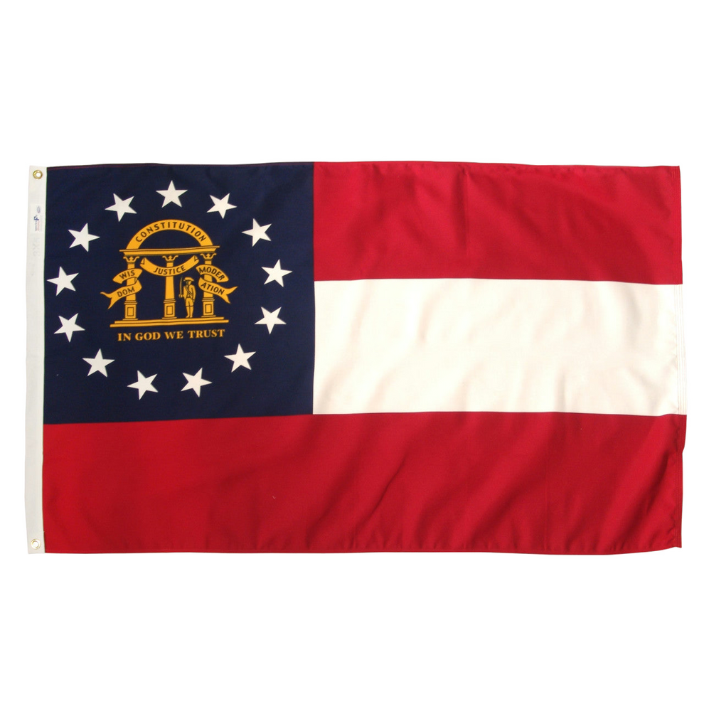 Georgia state flag with blue, red, and white sections featuring stars and a central emblem.