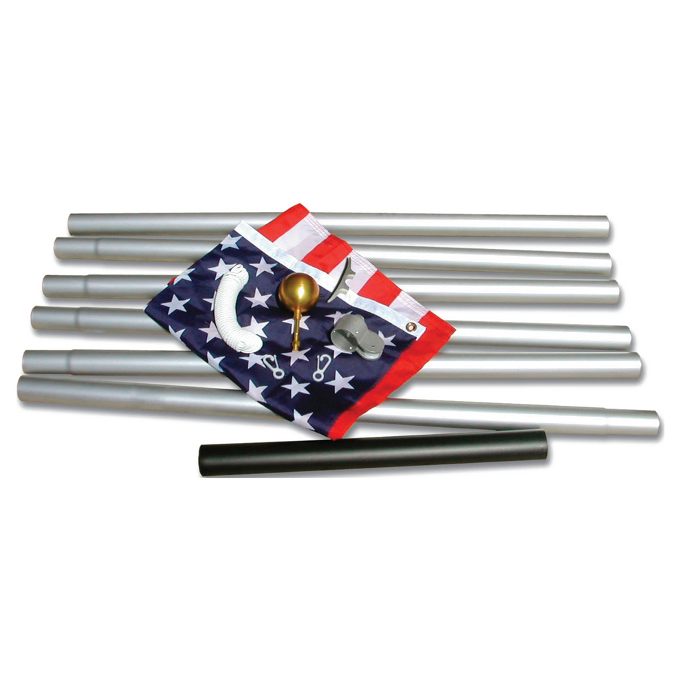 Outdoor flagpole kit with pole rods, an American flag, and assembly components