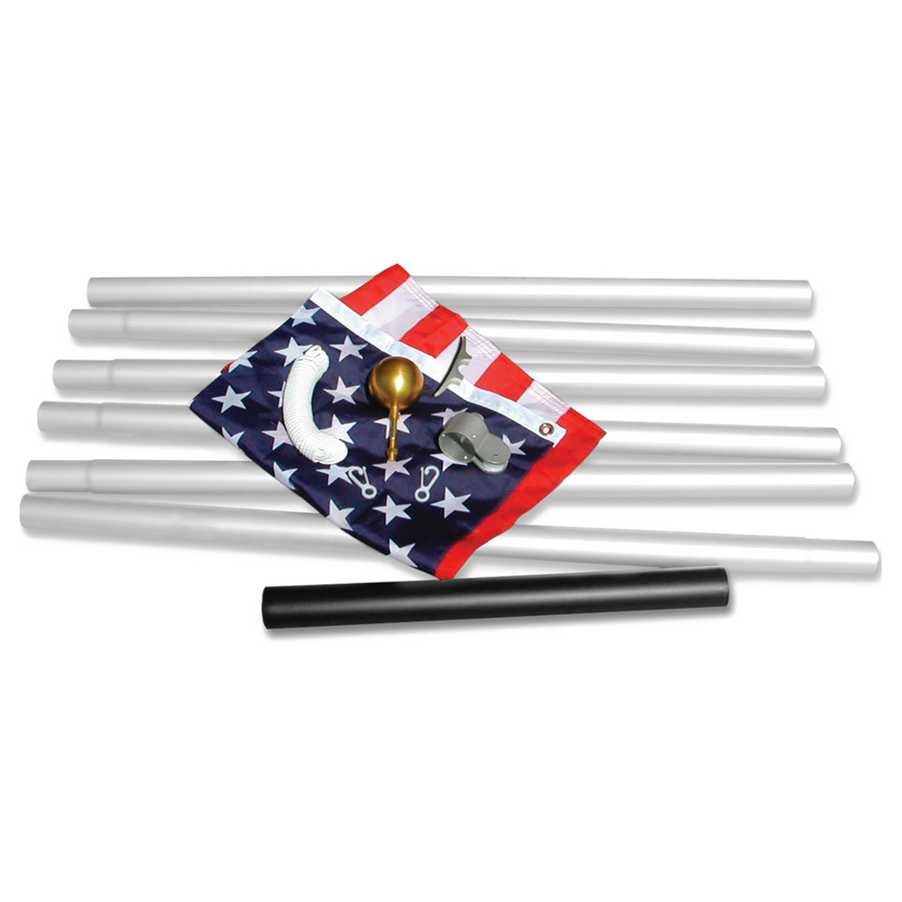 Outdoor flagpole kit with pole rods, an American flag, and assembly components