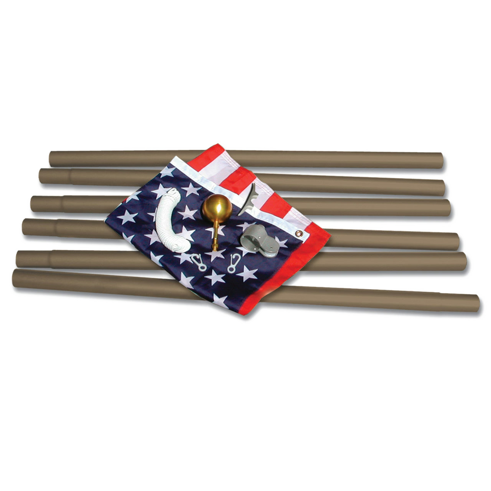 Outdoor flagpole kit with pole rods, an American flag, and assembly components