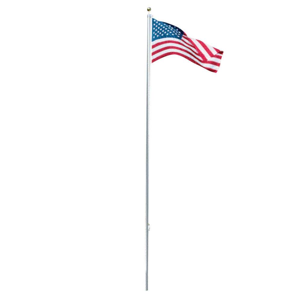 American flag flying on a tall silver flagpole with a gold ball topper.