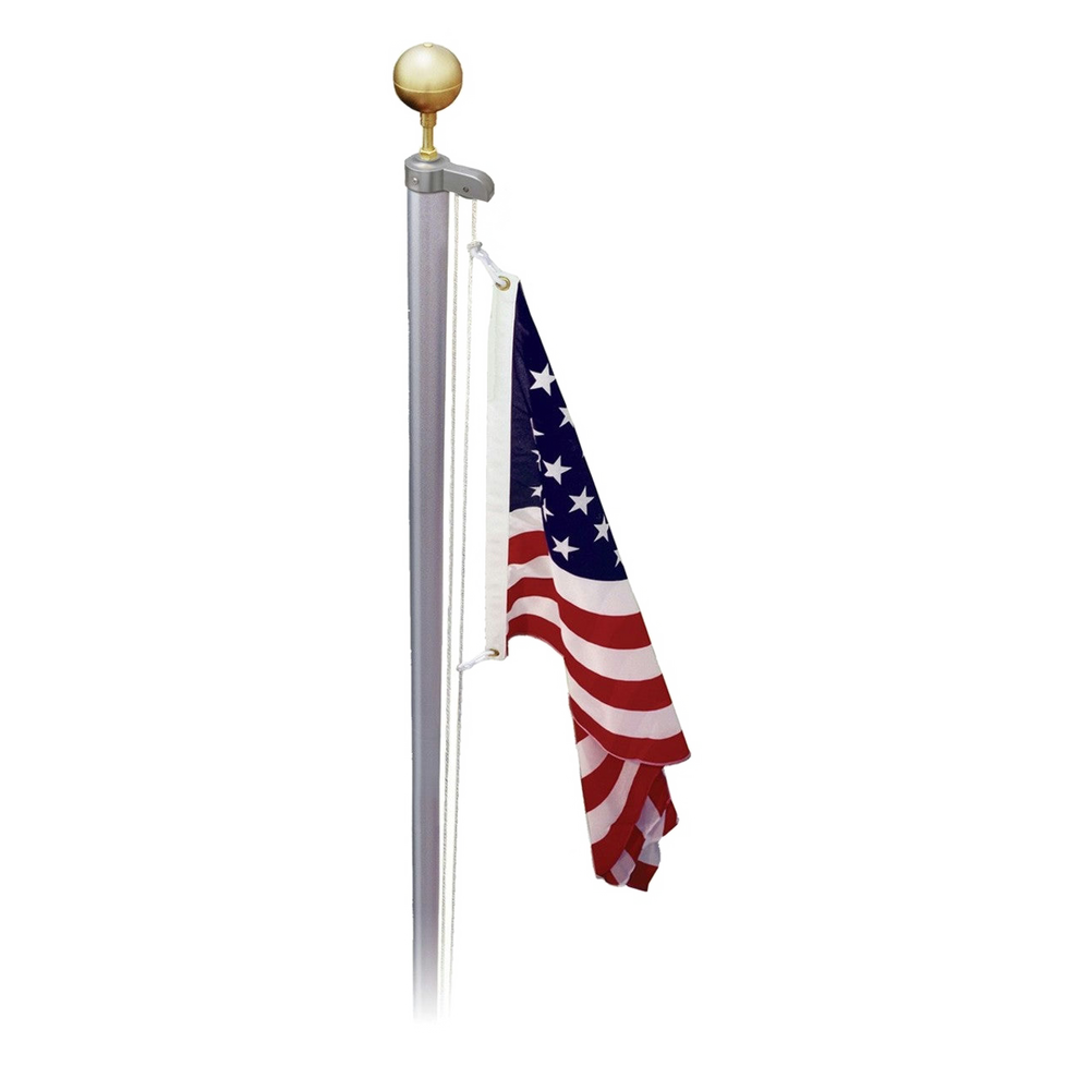 A sectional flagpole made of aluminum with a gold ball topper, displaying an American flag.